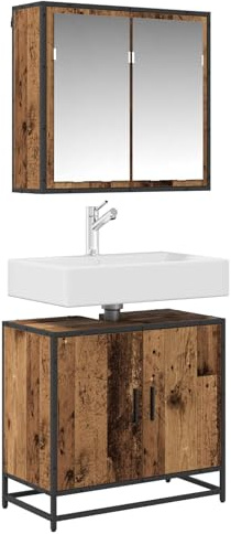SKTQYQO Set Mobili Bagno 2 Pezzi Legno Vecchio | Armadio a specchio, mobile lavabo, stile vintage, per bagno moderno