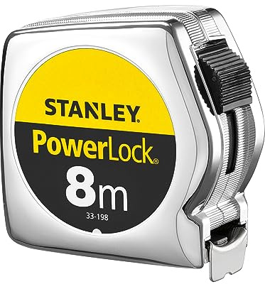 Stanley Bandmaß Powerlock 0-33-198 (8m, 25mm breit, robustes Kunststoffgehäuse, mit metrischer Skalierung, dreifache Vernietung, mit Gürtelclip, Feststeller & automatischer Rücklauf)