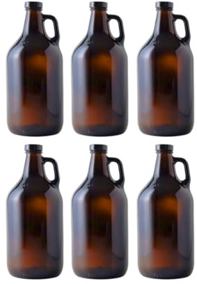 FastRack 1/2 Gallon Amber Growlers (Case of 6), 64oz, Brown with 6 Polyseal Caps