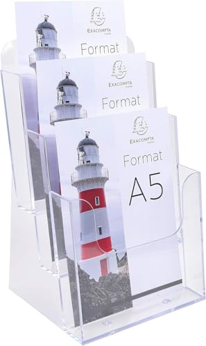 Exacompta - Ref. 75158D - 1 flyer dispenser on table - 3 compartments - Monobloc - Dimensions: Prof. 18.1 x width. 15.4 x Height. 28 cm - Format to file A5 - Crystal