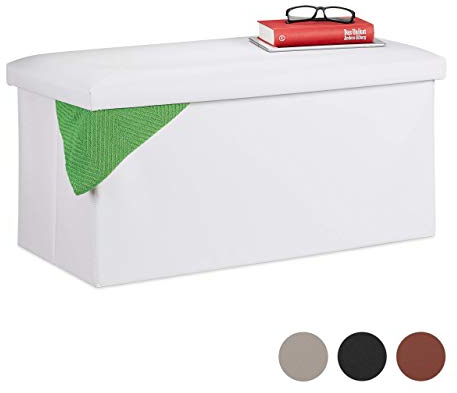 Relaxdays Sitzbank mit Stauraum, Kunstleder, faltbar, gepolstert, Flur, Schlafzimmer, HBT 37,5 x 76,5 x 38,5 cm, weiß, 1 Stück