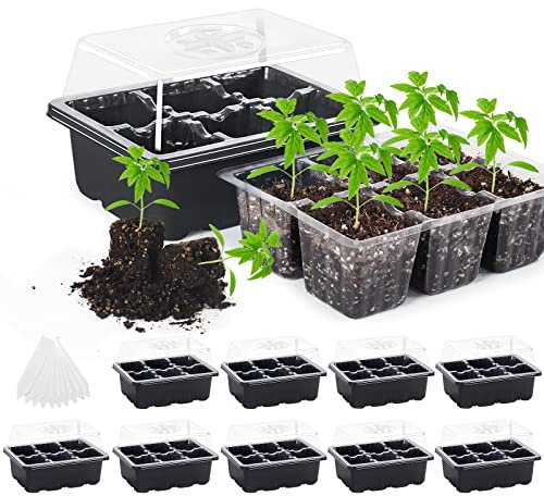 MIXC 10 set fröbrickor fröstartsats, 60 stora celler mini propagator växtkit med fuktighet ventilerade kupoler och bas för frön som startar växthus (6 celler per bricka) – svart