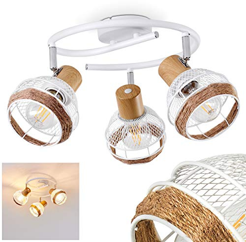 HOFSTEIN Deckenleuchte Bariloche, verstellbare Deckenlampe aus Metall/Holz/Hanfseil in Weiß/Chrom/Natur, Leuchte im Boho/Retro-Design mit Lichteffekt, 3xE27, Esszimmer, Schlafzimmer, Wohnzimmer, Küche