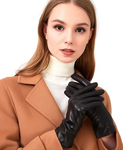 ZLUXURQ Damen Weiche Echte Lammfell Leder Touchscreen Winter Fahrhandschuhe Kaschmir gefüttert