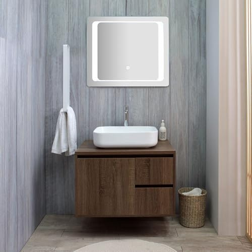 Kiamami Valentina - Mueble de baño suspendido 75cm Nogal Oscuro Efecto Madera con Espejo led 75x60 | Siena