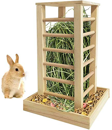 kathson Wooden Hay Feeder Rabbit Less Waste Food Feeding Rack Standing Pet-self Feeding Hay Manager Grass Holder Small Animals Cage Accessories for Bunny Chinchilla Guinea Pig