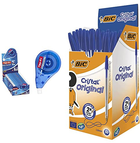 Tipp-Ex Easy Correct Ruban Correcteur - 12 m x 4,2 mm, Boîte de 10 & Cristal Original Ecriture Stylos-Bille Pointe Moyenne (1,0 mm) - Design Fonctionnel - Couleur Bleu, Boîte de 50