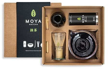 Moya Matcha set Juego de Té Orgánico Japonés Té Verde En Polvo | Traditional (II) Grado Matcha 30g + Cuenco Verde + Batidor + Titular + Cuchara | Té Matcha set para sirve el te verde