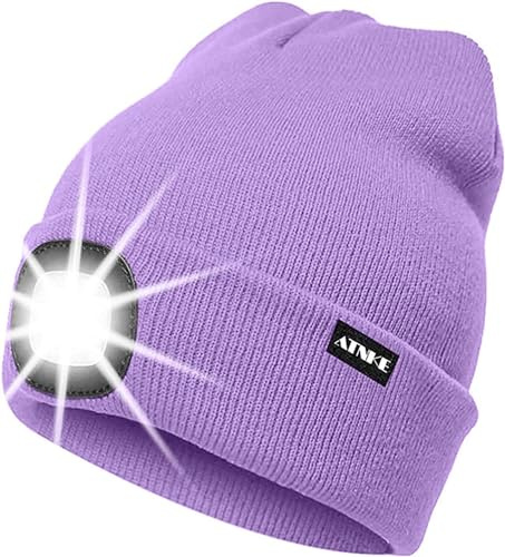 ATNKE LED Beleuchtete Mütze,Wiederaufladbare USB Laufmütze mit Licht Extrem Heller 4 LED Lampe Winter Warme Stirnlampe für Herren und Damen Geschenke