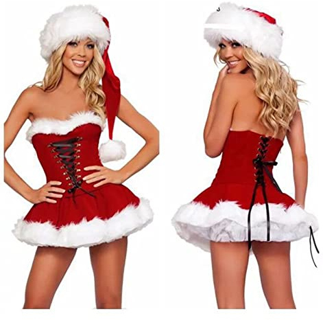 GITDOT Abito vestito da donna sexy rosso con Cappello natalizio Costume Babbo Natale Vacanza Costume Biancheria intima (M)