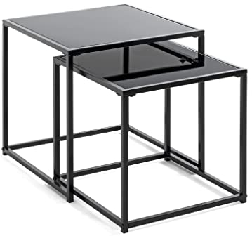HAKU Möbel Beistelltisch 2er Set, schwarz, Metall, Sicherheitsglas 5 mm - Maße: B 35/40 x H 35/40 x T 35/40 cm, Style: Modern
