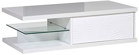 AltoBuy Dayton White - Table Basse 1 Tiroir Laquée Blanche à Relief