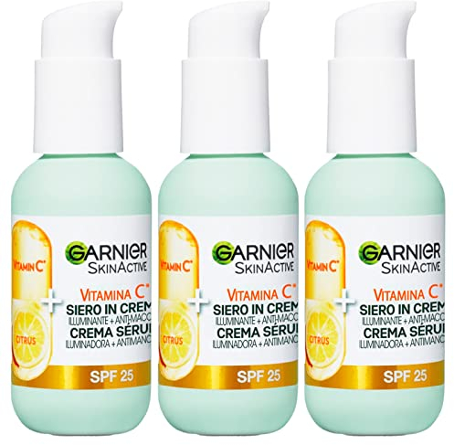 Garnier SkinActive Suero Facial con Vitamina C en Crema 2 en 1 Iluminador y Anti-Imperfecciones SPF 25 para Piel Apagada y Desigual Fórmula con Vitamina C y Extracto de Cítricos - 3 Botellas de 50ml