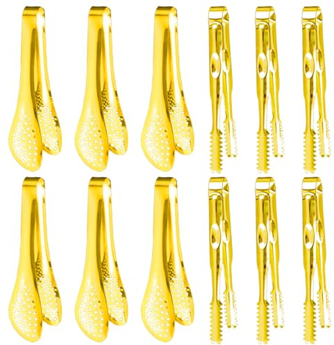 12-Piece Mini Tongs - 5-Inch Stainless Steel Salad Tongs, Small Tongs for Serving Food, Mini Serving Utensils for Appetizers, Party, Coffee, Desserts (Gold)
