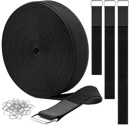 YMCRLUX 1.5x32ft Hook and Loop Straps with 30 Metal Buckles, Adjustable Fastening Cable Straps, Cut-to-Length Cinch Strap, Reusable Nylon Securing Cord Ties for Organizer or Storage, Black