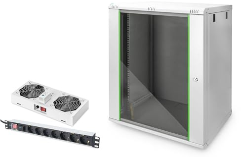 DIGITUS Set: Armario de red de 19 16U + ventilador de techo + regleta de enchufes de 7 puertos // rack de 19 pulgadas - montaje en pared - 450 mm de profundidad - capacidad de carga 60 kg - profundidad útil 335-380 mm - Serie Dynamic Basic - gris