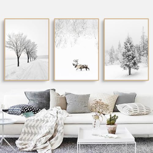 Uixxducc Winter Poster Wohnzimmer Bilder 3er Set Tanne Elch Winterlandschaft Wandbilder Kunstdrucke Leinwand Bilder Ohne Rahmen Einfachheit Wandposter (40 x 50 cm)