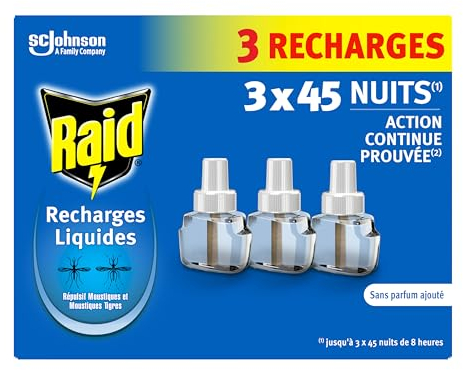 Raid Recharges Liquides Pour Diffuseur Electrique Répulsif Moustiques Et Moustiques Tigres - 3x45 nuits – 3 Recharges 3x32ml