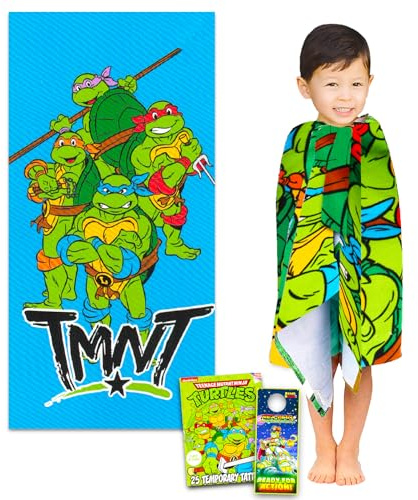 Teenage Mutant Ninja Turtles Bath Towel Set for Kids - Bundle with 27 x 54 Beach Towel Plus Tattoos, More | TMNT Bathroom Pack for Boys