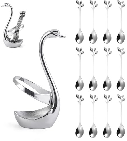 Stainless Steel Silver Creative Dinnerware Set OIULO - Decorative Swan Base Holder with 12 Leaf Spoons for Coffee, Fruit,Dessert,Stirring, Mixing, Sugar, Stir, Ice Cream, Cake, Teaspoon (Silver)