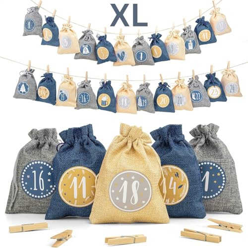Adventi Groß Adventskalender zum Befüllen [24 Stück] Weihnachtskalender 2025 Jutesäckchen 20 x 15cm, Weihnachtsdeko Tüten/Säckchen, Geschenktüten Weihnachten mit individuellen Designs (Blau)