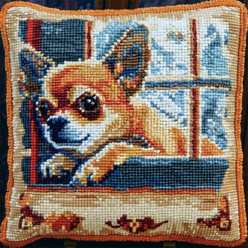 DIY knüpfen set anfänger Chihuahua-Tier knüpfkissen mit vordruck Haustier Hund DIY Wurfkissenbezug，Sofakissenbezug mit bedruckter Leinwand für Anfänger und Erwachsene mit vorgedrucktem Mu 43x43cm