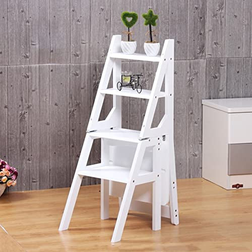 JYHHGDS Scaletta a 4 Gradini Sedia Scalette Pieghevoli, Scaletta in Legno Sgabello Libreria Multifunzione Portatile Gradini Scaffale Espositori Gradino da Cucina, Bianco