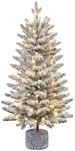 Yaheetech Mini árbol de Navidad Artificial con Nieve, 92 cm, con 50 Luces LED de Color Blanco cálido y 355 Puntas, Flocado Cubierto de Nieve