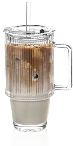 KEMORELA Bicchieri in vetro a coste da 680,4 g, con coperchio e cannucce, tazza in vetro a coste con manico, bicchieri per caffè freddo, trasparenti, riutilizzabili, per frullati e bevande (motivo a