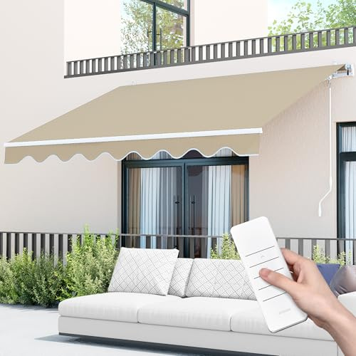 Paramondo 11.5'x9.8' Patio Awning Retractable Fully Assembled, Motorized Sunshade Shelter Outdoor Deck Canopy Balcony Awning Cover-100% Solution-Dyed European Acrylic Fabric Aluminum Frame,Suede Brown