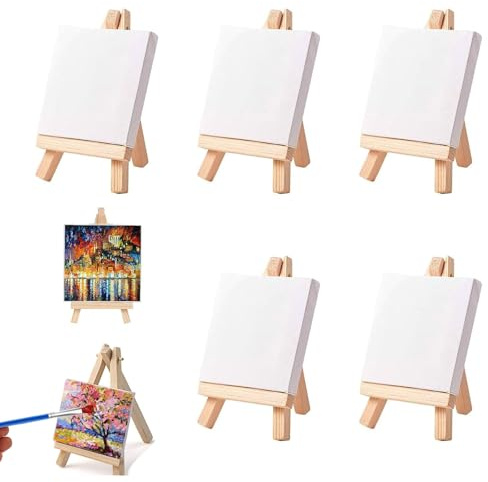 mini Holzstaffelei Set mit 5 Stück 10x10cm Leinwände und Tischdekoration zum Basteln