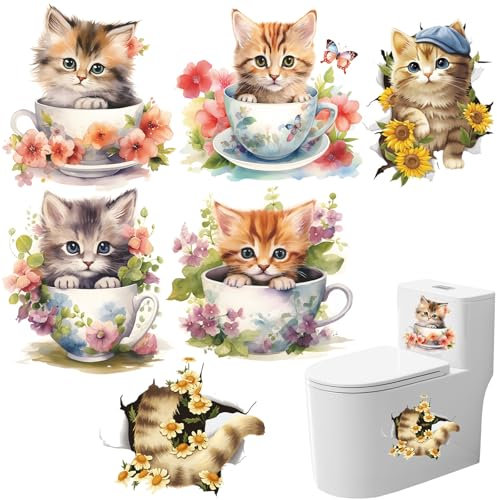 6 Pièces Toilette de Chat Mignon Stickers Muraux，Autocollants Muraux Enfants Chat，Sticker pour Abattant WC pour la Décoration Murale, RéfrigéRateur, Salle de Bains, Chambre, etc (27x29cm)