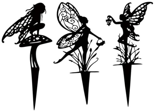Yeory Fairy Garden Stakes, 3Pcs Metal Fairy Garden Silhouette Stakes, 12 Inch Decorative, Black Metal Art for Yard