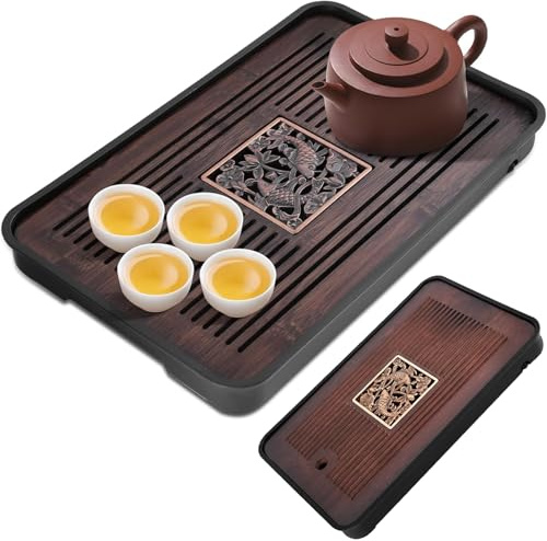 Teeschale 14.2x9.5 abnehmbarer Bambus Chinese Gongfu Teeschale mit Wasserspeicherentwässerung für Kung Fu -Teekanne, Geschenk für Freunde Verwandte, Gongfu, Kung Fu Set