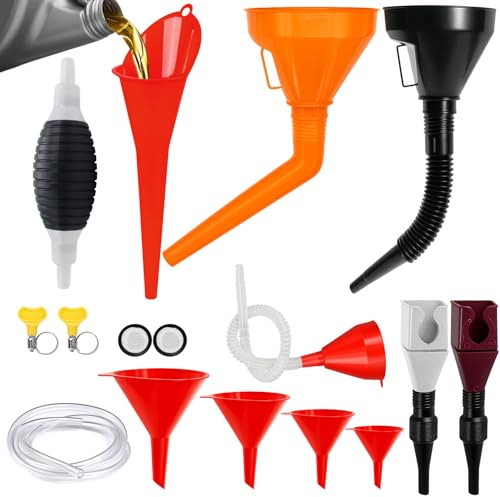 Samulee Juego de 11 embudos para coche, embudo con bomba de gasolina, bomba de mano, juego de embudo flexible en ángulo recto con manguera y filtro para gasolina, aceite, líquido refrigerante, etc