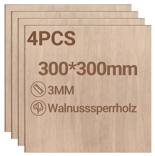 Jiubiaz Placa de madera contrachapada de 3 mm, 300 x 300 mm, 4 unidades, madera de nogal, corte para manualidades, madera para modelismo, grabado láser, grabado láser, madera, pintura al óleo