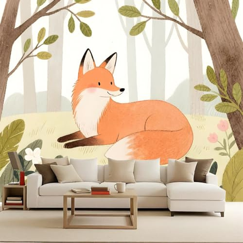 Papel Pintado Cartoon Animal Zorro Bosque 150x105 cm Efectos 3D Papel Tapiz Fotográfico Tejido No Tejido Mate Póster Fotomurales Decoración Pared Para Dormitorio Salón Decorativos Murales