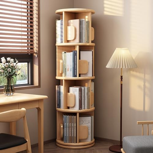 360° drehbarer Bücherturm aus Holz, platzsparend, rund, Bücherregal mit Buchstützen, stehendes Aufbewahrungsregal für Schlafzimmer und Wohnzimmer