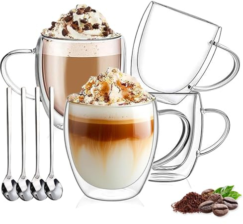 DINGPAl 4 Pack 8oz Double Wall Glass Coffee Mugs,Heat-resistant Borosilicate Glass Mug Cappuccino Espresso Tea Latte Cup with Handle,4 Spoons for Stirring Beverages in Bar,Cafe,or at Home