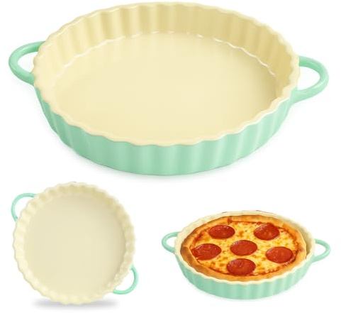 Yunlaishaocer Runde Tarteform, Backform Rund mit Griffen 26x21x4CM, Quicheform Keramik mit Gewelltem Rand Antihaft, für Zubereitung von Kuchen, Eierkuchen und Crème Brûlée(Beige-Blau)