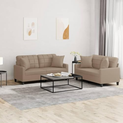 RMIHSJG Ensemble de canapé 2 pièces avec coussin, marron cappuccino, en cuir synthétique, durable, résistant à la saleté, structure robuste en contreplaqué et métal, rembourrage épais confortable