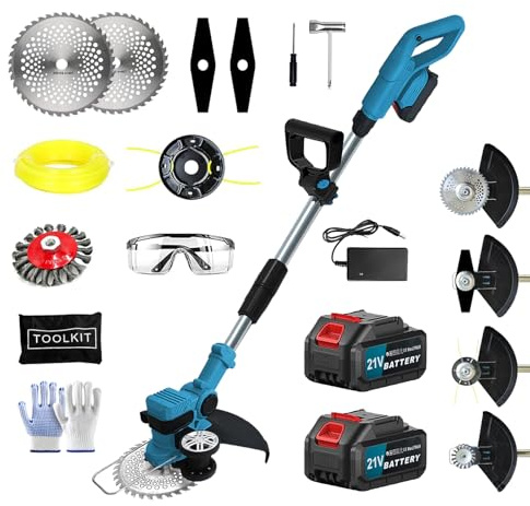 4-in-1 Akku Rasentrimmer für Makita, 21V Elektrischer Freischneider & Kantetrimmer, 23cm Schnittbreite, mit 2X 3.0Ah Akku & Ladegerät und 4 Schneidköpfen, für Garten und Hof