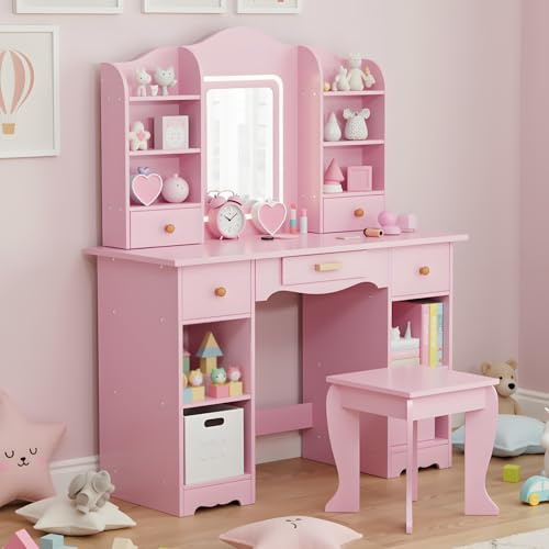 Clevich Toeletta per Bambini con Specchio LED, Toeletta Trucco Bambina con Sedia, 5 Cassetti, 10 Scomparti Portaoggetti, per Bambini dai 3 agli 8 Anni, 95x34x118cm (Rosa)