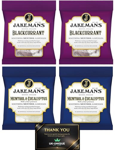 Jakemans Menthol Cough Drops 4 x Lemon & Honey | Soothing Herbal Lozenges for Cough Relief, Sore Throat, Congestion | Natural Vapour Action Hard Candy (4 Pack) (Blackcurrant & Menthol)