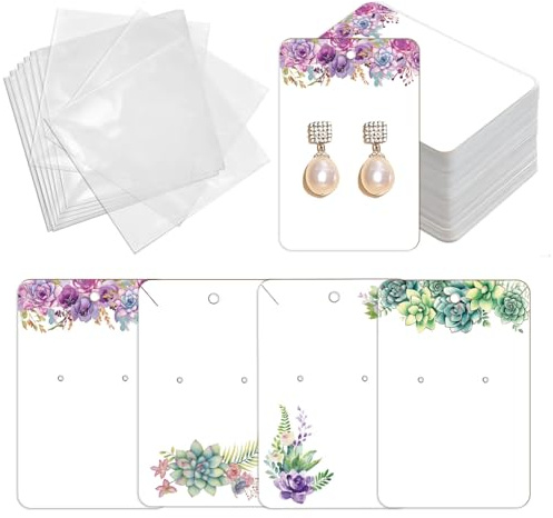OLYCRAFT 120 Pcs Ear Bracelet Jewelry Display Card 4 Design Succulents Earring Cards 9x6cm Earring Packaging Card with Self-Adhesive Bag for Ear Necklaces Bracelet Jewelry Showcase