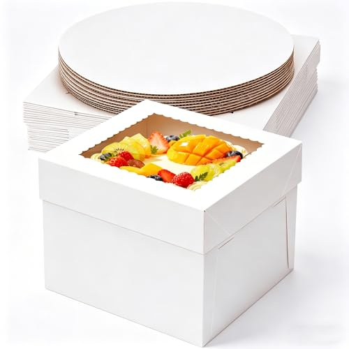 IRELINM 8 inch Cake Box & White Cake Board Set 8 x 8 x 8 Square 10 Packs (5 x boxes & 5 x boards) Clear Windows Disposable Cake Containers for Wedding Birthday Party Celebration