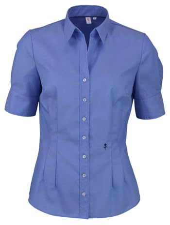 Sidenklistermärken damer blus – skjortblus – strykfri – slim fit – kortärmad – uni – 100% bomull, Mellanblå, 44