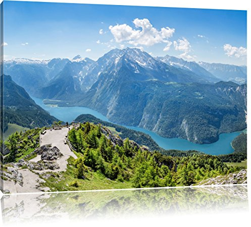 Pixxprint Blick vom Berg über dem Königssee in Bayern, Größe: 100x70cm, Leinwandbild, fertig gespannt, Wandbild, Dekoration, Kunstdruck, kein Poster