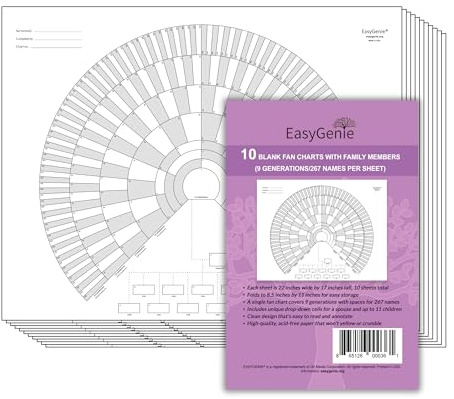 EASYGENIE 10 Blank Fan Charts with Family Members (9 Generations/267 Names)