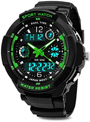 Boys Digital Watch, Waterproof Kids Watches with 12/24 Hours/Dual Time Zone/Alarm/Stopwatch, Shock Resistant Childrens Outdoor Sports Analogue Wrist Watch for Junior Teenagers Boy Gifts Green